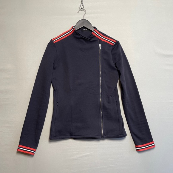 Saint + Sofia Jackets & Blazers - Saint + Sofia Navy Moto Jacket Organic Cotton Stripe Detail Women's Size 4